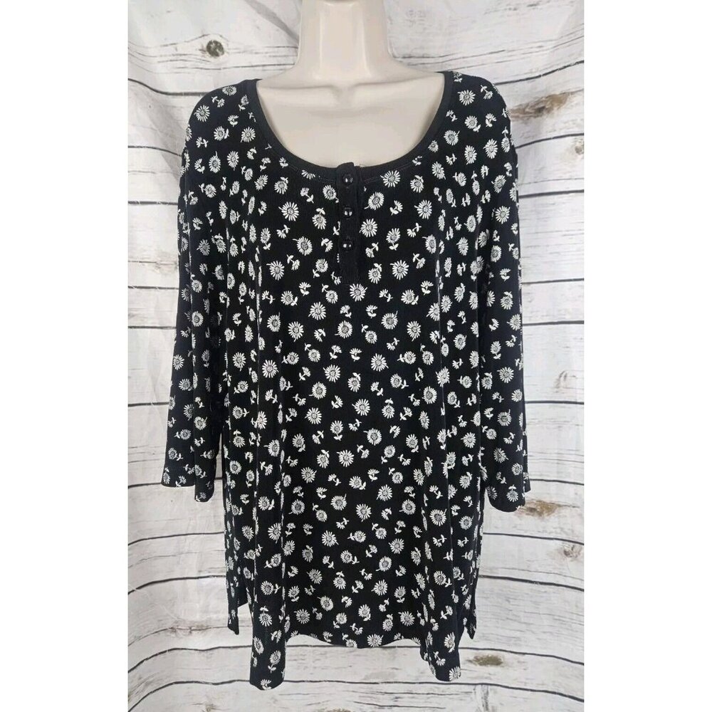 Vikki Vi Black Floral Print Blouse Top 1X Henley Popover 3/4 Sleeves Slinky Knit
